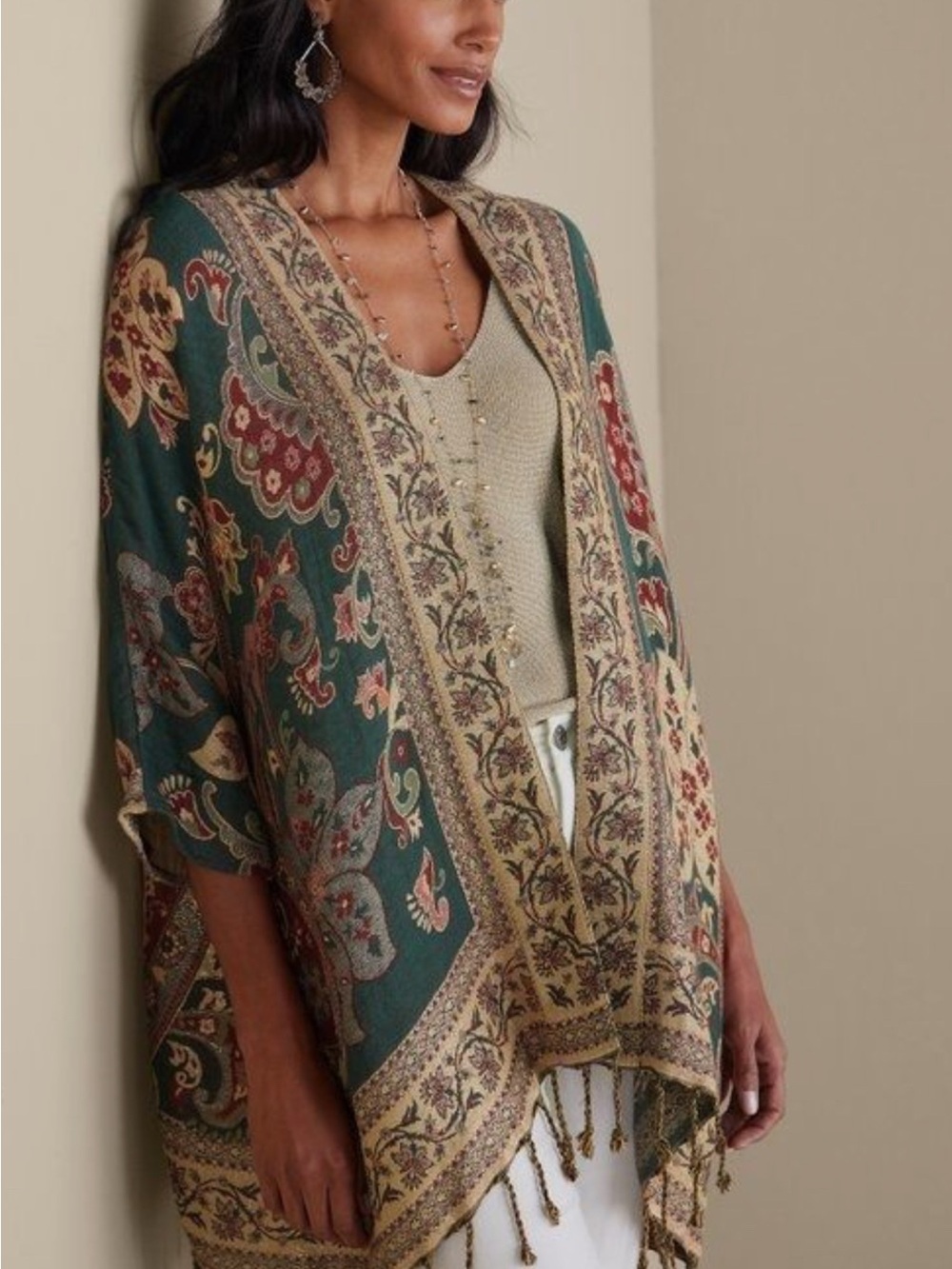 Soft Surroundings Green and Beige Paisley Kimono Cardigan